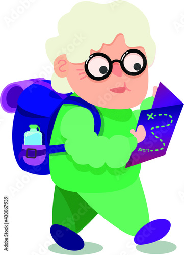 Old woman is backpacking to travel with map in hands.