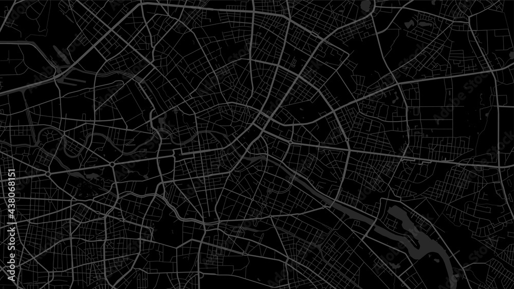 Black and dark grey Berlin City area vector background map, streets and water cartography illustration.