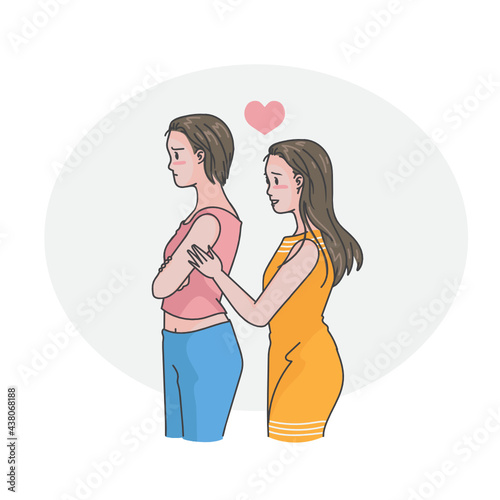 Lesbian couple reconcile or reconciliation after a fight. Illustration for gay couple concept.