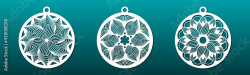 Laser cut mandala. Decorative Christmas balls, wall art or hanging, coasters, paper cut elements for diy craft. Cnc stencils. Abstract floral pattern design.