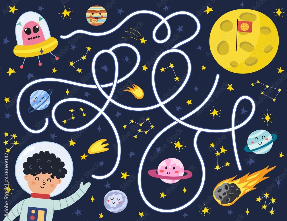 Naklejka premium Space maze puzzle for kids. Help a cute boy astronaut find way to the Moon. Activity page with funny space character. Mini game for school and preschool. Vector illustration