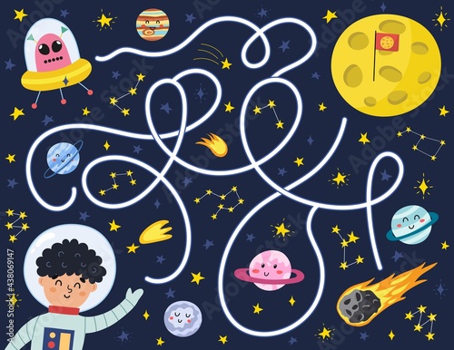 Fototapeta Naklejka Na Ścianę i Meble -  Space maze puzzle for kids. Help a cute boy astronaut find way to the Moon. Activity page with funny space character.  Mini game for school and preschool. Vector illustration