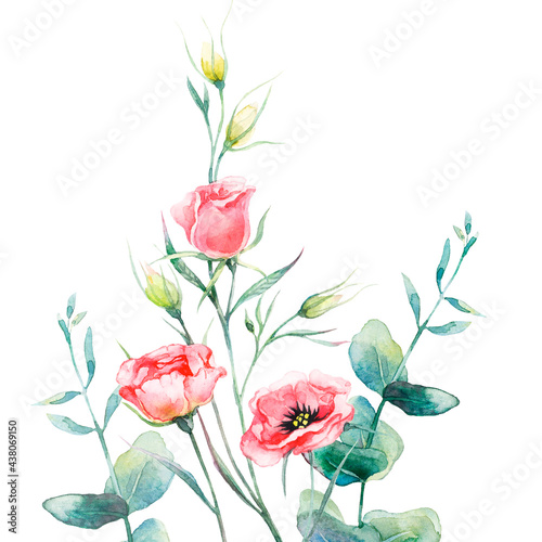 Bouquet of eustoma flower and eucalyptus branch watercolor illustration