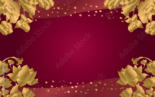 Thai Gold Lotus with Curvy Line on Dark Red Background
