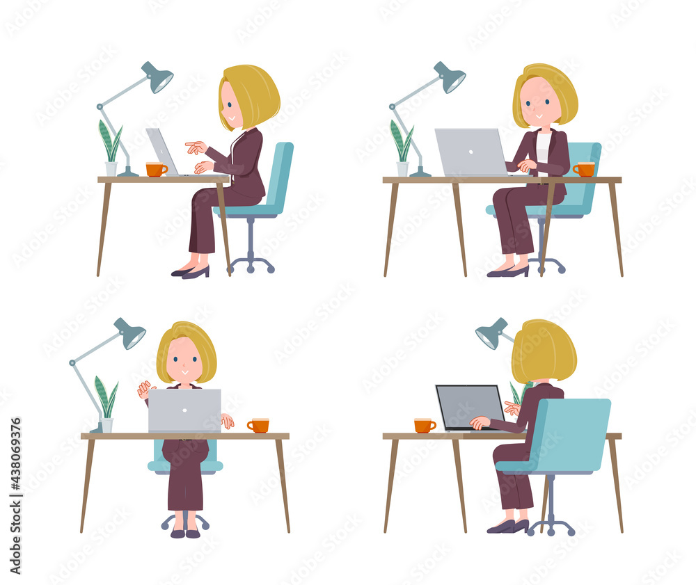 PCでデスクワークをしている金髪ビジネス女性のセット