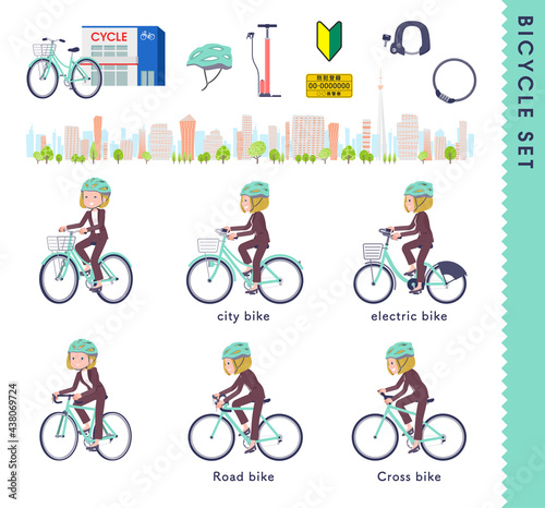 色々な自転車に乗る金髪ビジネス女性のセット