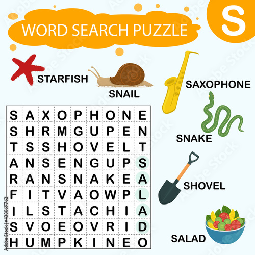 Vector educational game for kids. A puzzle for finding words starting with the letter S