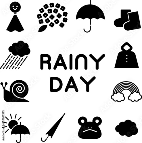 イラスト ベクター アイコン 傘 雨 かわいい 背景 夏 自然 線 黒 モノクロ てるてる坊主 あじさい 紫陽花 雨傘 雨靴 レインブーツ 雲 くもり 雨合羽 レインコート かたつむり 虹 レインボー 晴れ 蛙 かえる 梅雨 線画