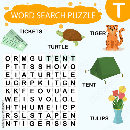 Vector educational game for kids. A puzzle for finding words starting with the letter T