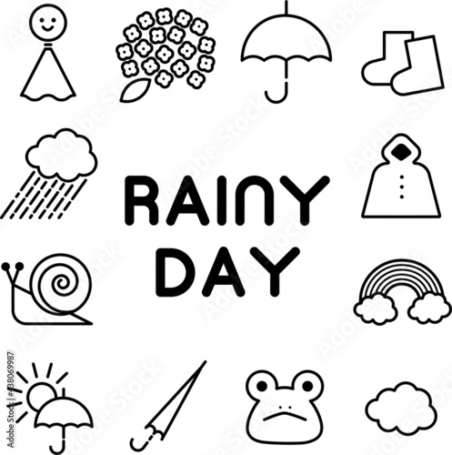 線画の雨の日のイラストセット