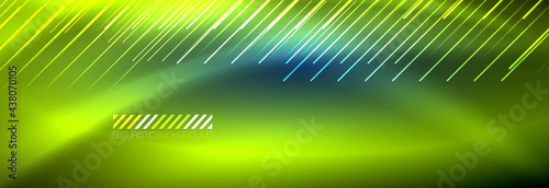 Neon glowing lines, magic energy and light motion background. Vector wallpaper template