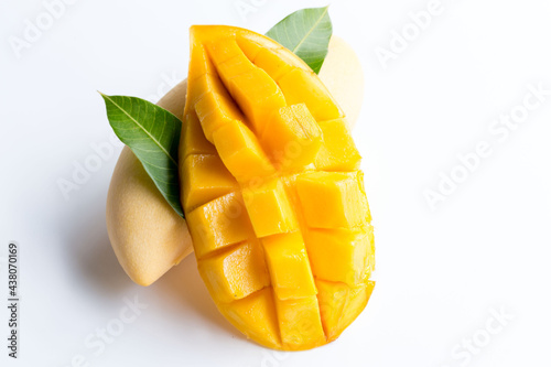 Fresh mangoes exotic health product with leaf and slice on white background. concept vitamin from Mangoes and food business..