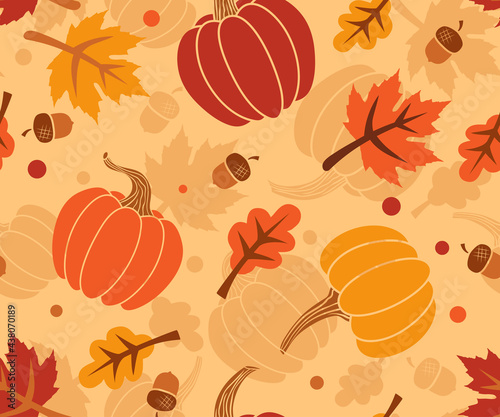  Multicolored pumpkins, acorns, maple and oak leaves on an ocher background. Vector seamless pattern. Fll design.