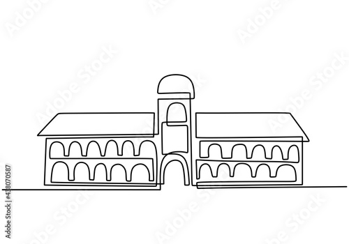 Classical building with columns in continuous one line drawing style. Typical architecture for government, court, university or museum accommodation. Black linear design isolated on white background.