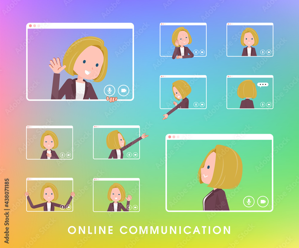 オンラインでコミュニケーションをとっている金髪ビジネス女性のセット