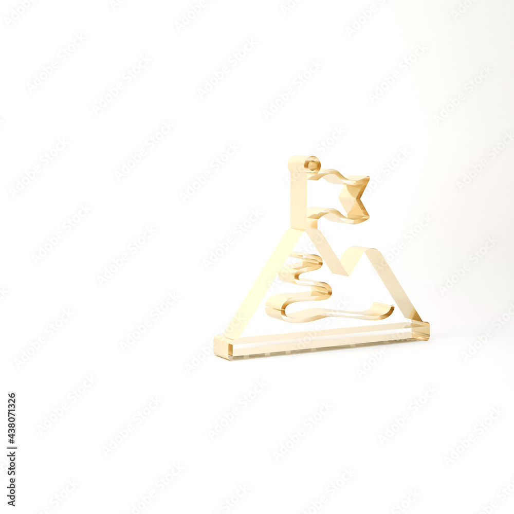Gold Mountains with flag on top icon isolated on white background. Symbol of victory or success concept. Goal achievement. 3d illustration 3D render Gold Mountains with flag on top icon isolated on white background. Symbol of victory or success concept. Goal achievement. 3d illustration 3D render