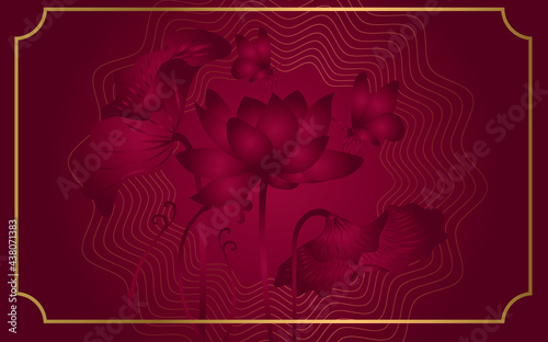 Thai Gold Lotus Leaf with Curvy and Scatter Graphic on Dark Red Background