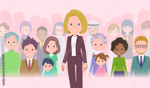 大勢の前に立つ金髪ビジネス女性のセット