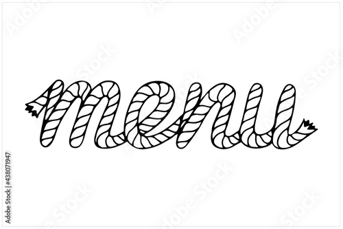 Menu, hand written lettering with sea boat rope, vector illustration in black and white