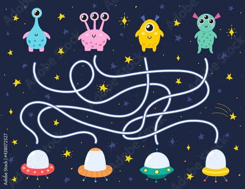 Find the correct flying saucer for each alien. Space maze puzzle for kids. Activity page with funny space characters.  Mini game for school and preschool. Vector illustration