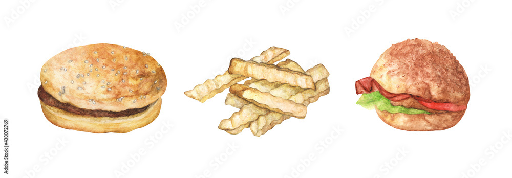 Set of Hamburger and french fries. Isolated on white background. Watercolor illustration. Set of Hamburger and french fries. Isolated on white background. Watercolor illustration.