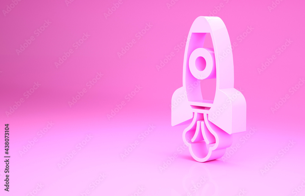 Pink Rocket ship icon isolated on pink background. Space travel. Minimalism concept. 3d illustration 3D render