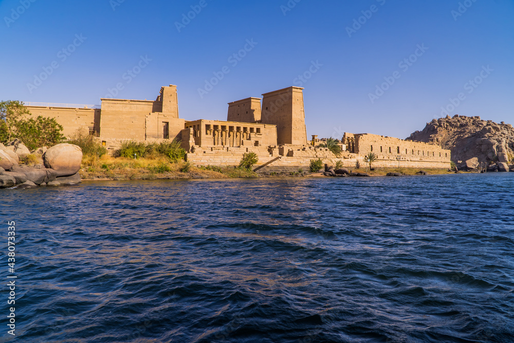 Panorama view of the Temple of Isis on Agilkia Island (formerly Philae) in the reservoir of the Aswan Low Dam in Agilkia, Egypt