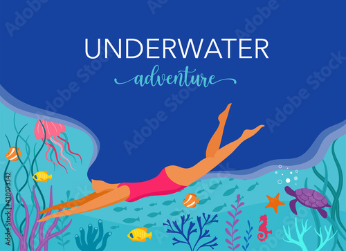 Woman diving with wild marine animals in ocean. Sea world, cute underwater creatures, coral reef, undersea fauna of tropics