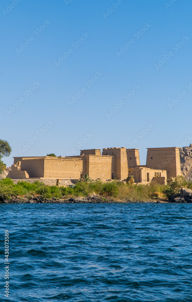 Vertical view of the Temple of Isis on Agilkia Island (formerly Philae) in the reservoir of the Aswan Low Dam