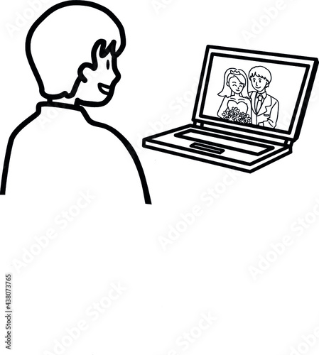 ベクター素材：オンライン結婚式に参加する男性のイラスト