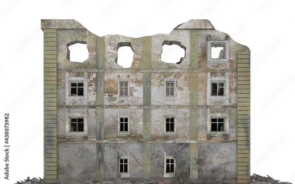 Ruined city building isolated on white 3d illustration Ruined city building isolated on white 3d illustration