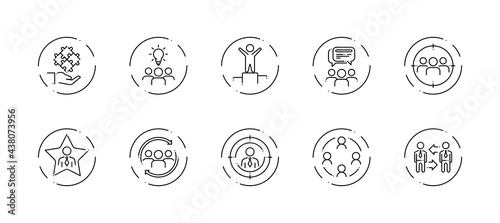 10 in 1 vector icons set related to team work theme. Black lineart vector icons isolated on background.