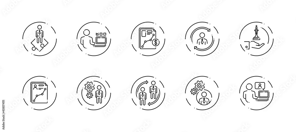 10 in 1 vector icons set related to business company management theme. Black lineart vector icons isolated on background. 10 in 1 vector icons set related to business company management theme. Black lineart vector icons isolated on background.
