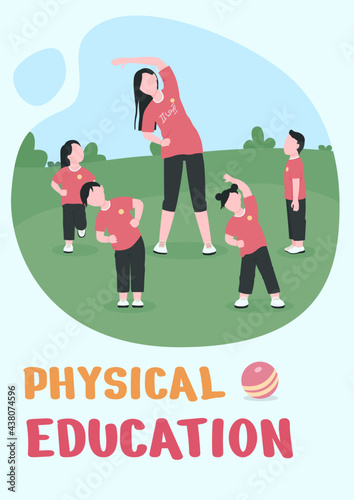 Physical education poster flat vector template. Outdoor exercise. Brochure, booklet one page concept design with cartoon characters. Kindergarten class flyer, leaflet with copy space