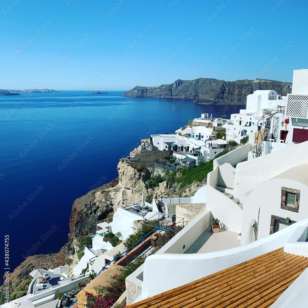 Fototapeta premium typical Santorini view, Oia, view from city on the sea and on vulcano