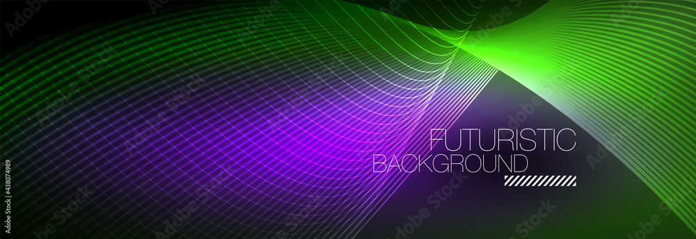 Abstract neon glowing light in the dark with waves. Shiny magic energy and motion concept, vector abstract wallpaper background Abstract neon glowing light in the dark with waves. Shiny magic energy and motion concept, vector abstract wallpaper background