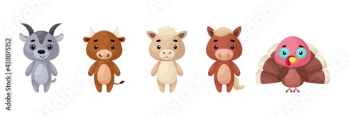 Cute farm animals set. Collection funny animals characters for kids cards, baby shower, birthday invitation, house interior. Bright colored childish vector illustration.