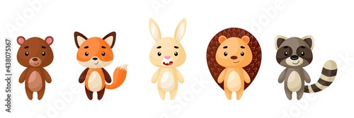 Cute woodland animals set. Collection funny animals characters for kids cards, baby shower, birthday invitation, house interior. Bright colored childish vector illustration.