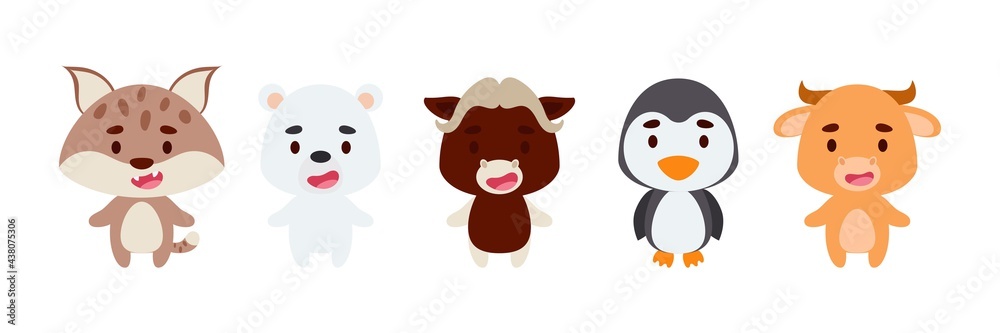 Cute little woodland animals set. Collection funny animals characters for kids cards, baby shower, birthday invitation, house interior. Bright colored childish vector illustration.