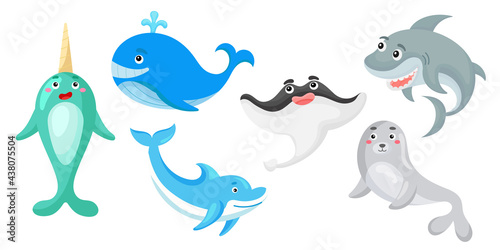 Set of ocean animals in cartoon style. Cute animals characters for kids cards, baby shower, birthday invitation, house interior. Bright colored childish vector illustration. © Jexy