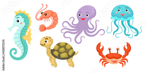 Set of ocean animals in cartoon style. Cute animals characters for kids cards  baby shower  birthday invitation  house interior. Bright colored childish vector illustration.