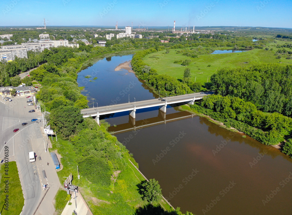 Aerial view of the bridge over the Cheptsa River (Glazov, Republic of Udmurtia, Russia)