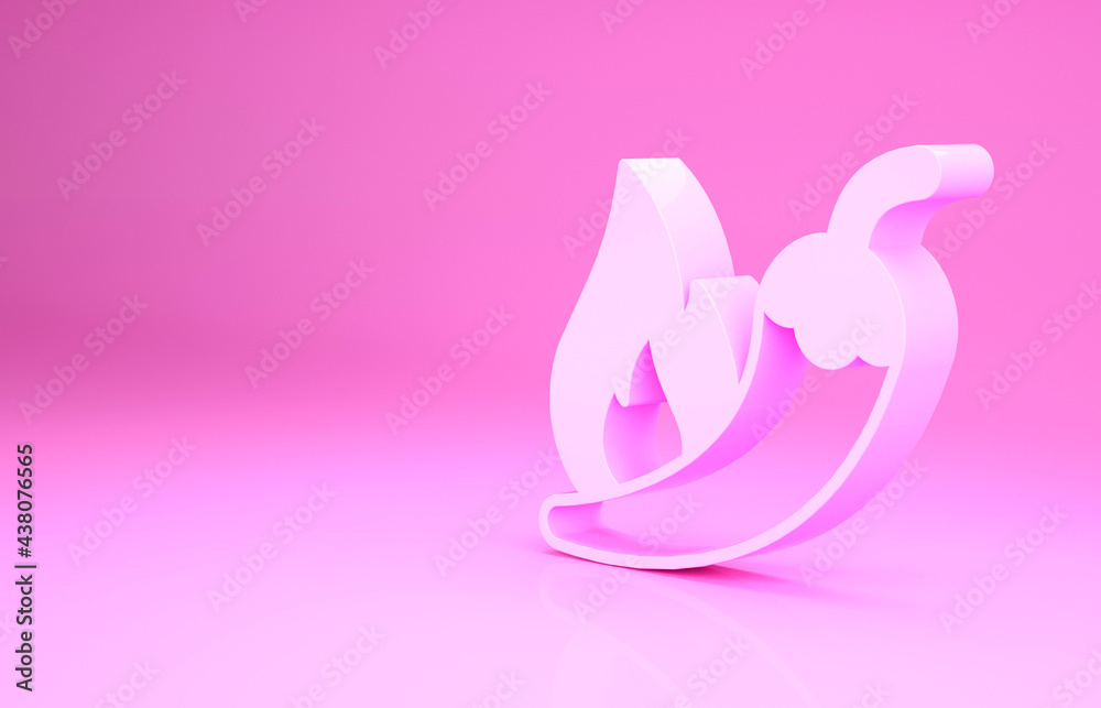 Pink Hot chili pepper pod icon isolated on pink background. Design for grocery, culinary products, seasoning and spice package, cooking book. Minimalism concept. 3d illustration 3D render
