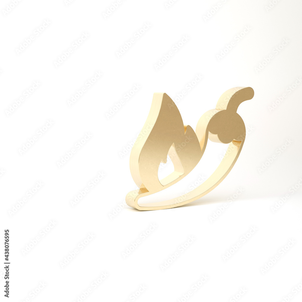 Gold Hot chili pepper pod icon isolated on white background. Design for grocery, culinary products, seasoning and spice package, cooking book. 3d illustration 3D render Gold Hot chili pepper pod icon isolated on white background. Design for grocery, culinary products, seasoning and spice package, cooking book. 3d illustration 3D render
