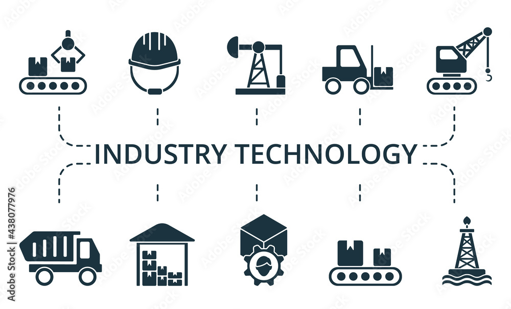 Industry Technology icon set. Contains editable icons theme such as digger, construction plan, dump truck and more.