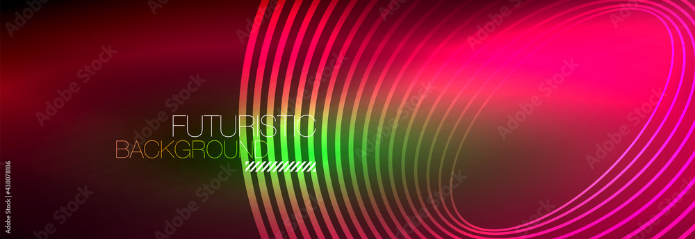 Dark abstract background with glowing neon circles. Trendy layout template for business or technology presentation, internet poster or web brochure cover, wallpaper Dark abstract background with glowing neon circles. Trendy layout template for business or technology presentation, internet poster or web brochure cover, wallpaper