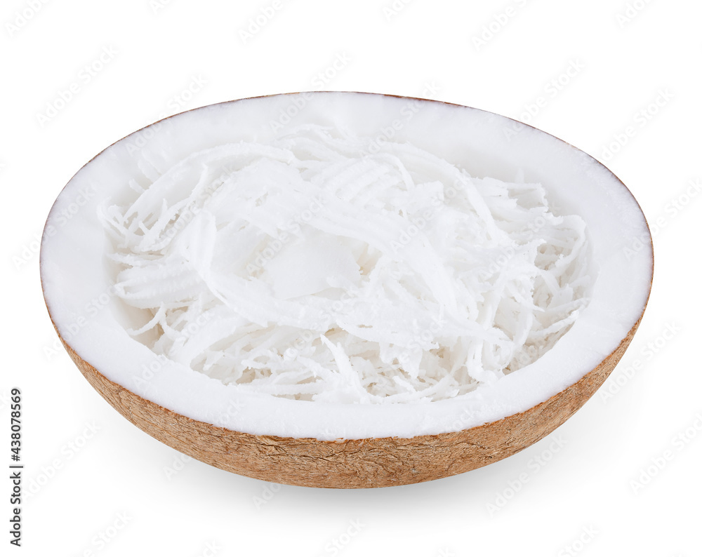 coconuts with coconuts flakes isolated on white background