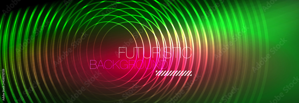 Dark abstract background with glowing neon circles. Trendy layout template for business or technology presentation, internet poster or web brochure cover, wallpaper Dark abstract background with glowing neon circles. Trendy layout template for business or technology presentation, internet poster or web brochure cover, wallpaper