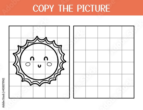 Copy the picture activity page for kids. Draw and color a cute sun using the example. Space educational game template for school and preschool. Vector illustration