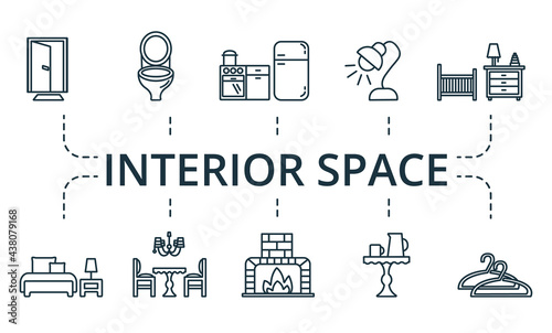 Interior Space icon set. Contains editable icons theme such as fireplace, table lamp, office table and more.